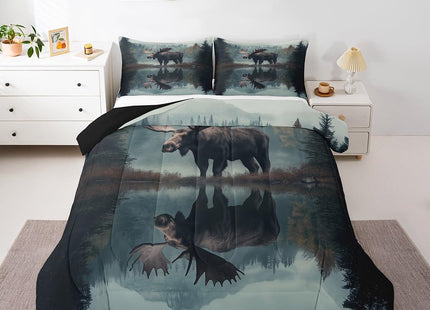 Castle Fairy Lodge Cabin Bedding Sets Twin Size 2 Pcs 3D Moose Jungle Wild Animal Comforter Set for Kids Teens Adults Natural Pine Trees Scenery Rustic Style Comforter Duvet Set with 1 Pillowcase