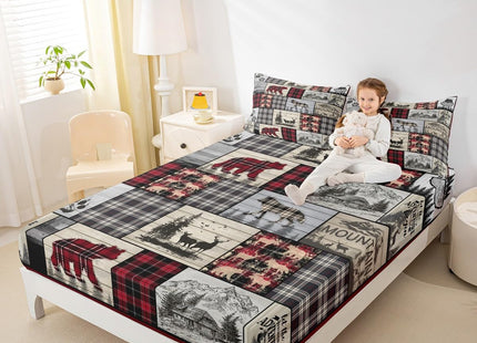 Rustic Cabin Bed Sheets Full Woodland Wolf Deer Bear Sheet Set For Kids Adults,Red Black Buffalo Plaid Bedding Wildlife Camping Lodge Mountain Fitted Sheet Southwestern Farmhouse Flat Sheet 4 Pcs