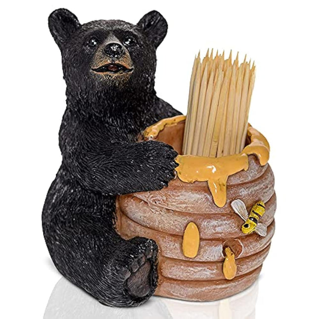 Pine Ridge Black Bear Toothpick Holder, Rustic Honey Beehive Bear Kitchen Bamboo Wooden Toothpicks Storage Decor
