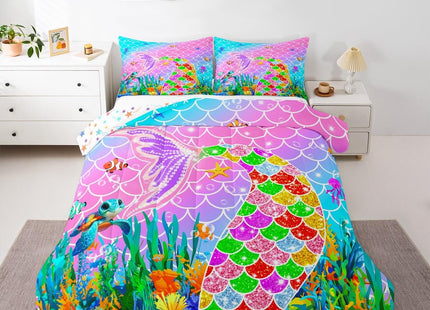 Feelyou Mermaid Comforter Set Toddler Size Ocean Fish Scales Bedding Set for Kids Boys Girls Rainbow Duvet Quilt Nautical Sea Animal Bedroom Decor Underwater Theme 2 Pcs with 1 Pillow Cases