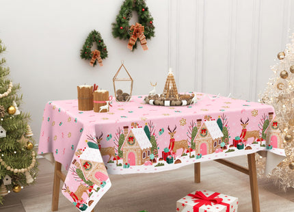 Christmas Tablecloth Pink Gingerbread House Reindeer Table Cover 52 x 70 Inch Xmas Table Cloth for Winter Holiday Birthday Party Supplies Decoration