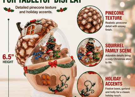 Christmas Pinecone Snow Globe Lantern with 6 Hours Timer, 3 AAA Battery Operated Glittering Water Globe, Lighted Squirrel Family Snow Globes for Xmas Mantel Tabletop Shelf Holiday Decorations Gifts