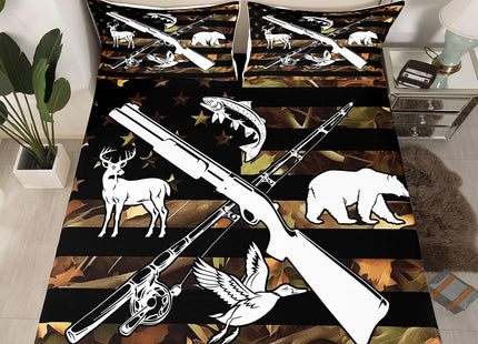 Hunting And Fishing Bedding Set Wildlife Fish Duck Deer Bear King Bed Sheets For Boys Men,Camo American Flag Sheet Set Rustic Trees Leaves Camouflage Fitted Sheet + Flat Sheet + 2 Pillow Cases
