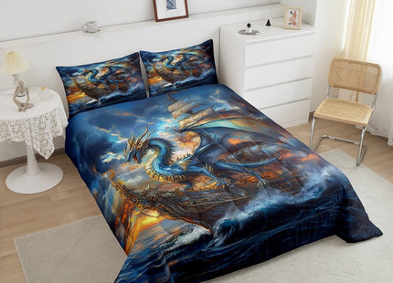 Castle Fairy 3D Dragon Comforter Set Toddler Size Nautical Sailing Boat Bedding Set Fashion Bedroom Decor Western Magical Wildlife Quilt Set for Kids Boys Girls Maritime Adventure Duvet Insert 2Pcs