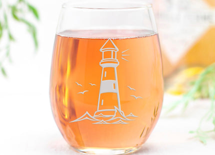 Lighthouse Stemless Wine Glass - Coastal, Cottage, Lighthouse Gift - 1 Glass