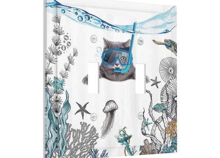 Funny Diving Cat Ocean Sea Seaweed Starfish 2 Gang Double Toggle Wall Plates Light Switch Cover Decorative Switchplate Faceplate for Bedroom Bathroom Kitchen Decor