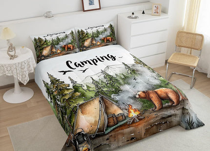 Erosebridal RV Camper Queen Bedding Set,Kids Camping Decor Comforter Set for Travel Trailers,Rustic Cabin Bear Quilt Set Forest Mountain Adventure Bed Comforter Sets,2 Pillowcases