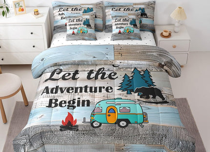 Erosebridal Rustic Camping Comforter Set for Travel Trailers Twin Size 7 Piece Farmhouse Camper Bedding Set with Sheet Set,Rv Adventure Bed in A Bag Woodland Bear Barn Door Bed Set