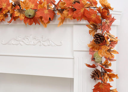 Super Holiday 6FT Fall Garland, Fall Maple Leaf Garland Decor with Velvet Pumpkin/Pine Cone, for Home Autumn Harvest Thanksgiving Fireplace Front Door Indoor Outdoor Holiday Party Decorations.
