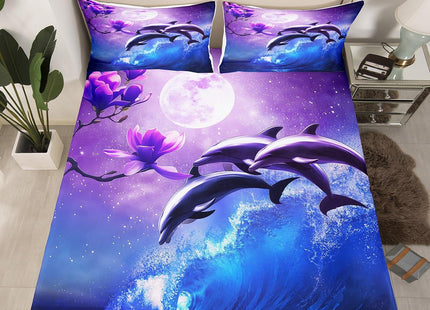 Galaxy Dolphin Sheet Set Twin Size Coastal Ocean Waves Bedding Purple Cherry Blossoms Sea Animal Bed Sheets For Kids Boys Girls Teens Moon Sky Starry Fitted Sheet + Flat Sheet + 1 Pillow Case Blue