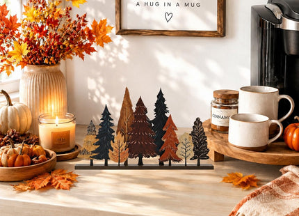 Smile Fall Thanksgiving Wooden Standing Decor, Autumn Forest Maple Pine Tree Tiered Tray Signs with Stands for Rustic Farmhouse Home Kitchen Shelf Decor
