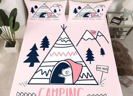 Manfei Happy Camping Campers Fitted Sheet Twin, Tent Pines Bear Sketch Bedding Set, Happy Outdoors Natural Bed Cover 2Pcs for Kids Teens Adults Room Decor,Rustic Pink Bed Sheet Set with 1 Pillowcase