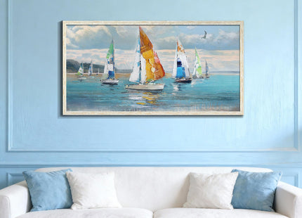 Ardemy Sailboat Wall Art Blue Abstract Canvas Art Nautical Textured Artwork Coastal Painting Wall Decor, Extra Large Framed Ocean Picture for Living Room Bedroom Home Office, 58"x29"