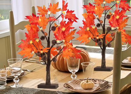 YEAHOME Fall Decorations for Home, 2 Pack 24”/2FT Lighted Fall Maple Leaves Tree with Warm White LEDs Autumn Decor, Pine Cone, Acorn Ornaments Battery Powered Timer for Thanksgiving