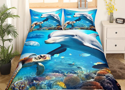 Erosebridal Dolphin Duvet Cover Twin Sea Turtle Bedding Sets Underwater World Fish and Coral Reef Comforter Cover Marine Ocean Theme Quilt Cover 2 Piece with 1 Pillowcase for Kids Teens, Blue