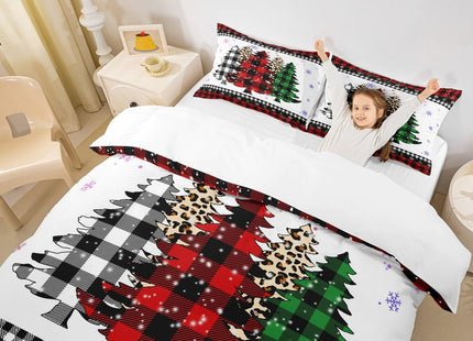 Christmas Snowflake Kids Duvet Cover Set Twin Size,Plaids Leopard Pine Tree Bedding Set,Girls Boys Adults Room/Xmas Cabin Decor,Holiday Rustic Comforter Cover,Red Black Quilt Cover,2pcs,1 pillowcase
