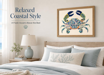 UAWRL Solid Wood Framed Watercolor Blue Coastal Crab Canvas Wall Art