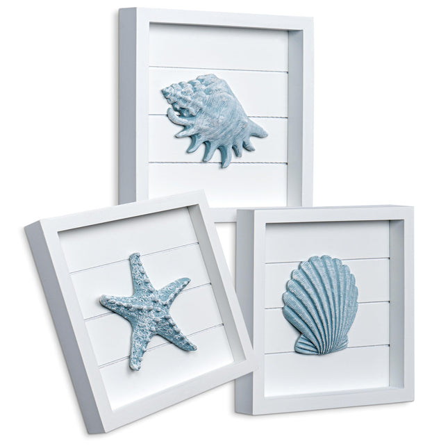 Tide and Tales 3D Coastal Wall Art, Beach Wall Decor, Framed Set of 4, Blue