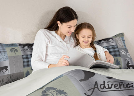 Castle Fairy Gray Green Plaid Comforter Set King Size,Woodland Animals Adventure Themed Bedding Set for Kids Boys Men Winter Room Decor,Rustic Farmhouse Quilt Set Patchwork Duvet Insert,2 Pillowcases