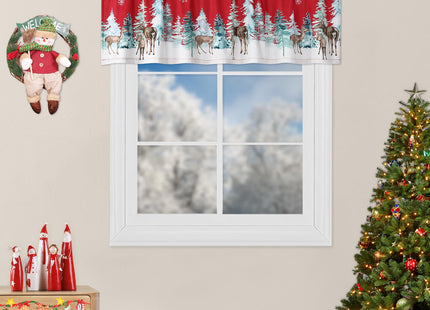 Christmas Valance Curtains for Kitchen Window, Winter Holiday Red Velvet Rod Pocket Curtain Valance, Xmas Tree Snowflake Deer Kitchen Cafe Window Treatment 52x15 Inch