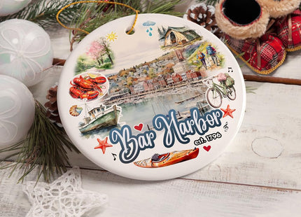 Artistic Bar Harbor Christmas Ornament, Maine Souvenir and Gift with Lobster and Acadia Art