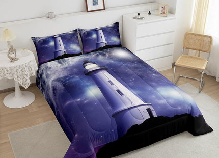 Erosebridal Lighthouse Bedding Set Twin, Nautical Comforter Set for Boys Girls Teens Adult, Purple Galaxy Stars Down Comforter Trippy Starry Sky Duvet Insert, Ocean Theme Quilted Comforter, 2Pcs