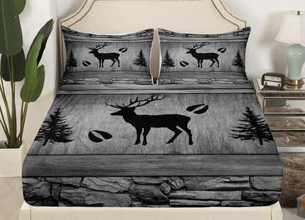 Manfei Rustic Deer Sheet Set Full Size, Black Trees Deer Paw Print Bedding Set for Kids Boy Room Decor, Grey Wooden Plank Bed Sheet Set 4pcs with Deep Pocket Fitted Sheet + Flat Sheet + 2 Pillowcases