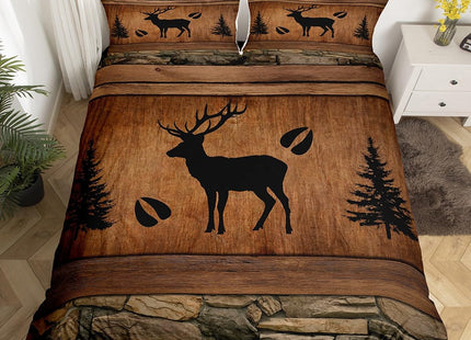 Manfei Rustic Deer Duvet Cover Set Full Size, Black Trees Deer Paw Print Comforter Cover with 2 Pillowcases, Brwon Wooden Plank Bedding Set 3pcs for Kids Boys Wild Animal Bedspread Cover,No Comforter