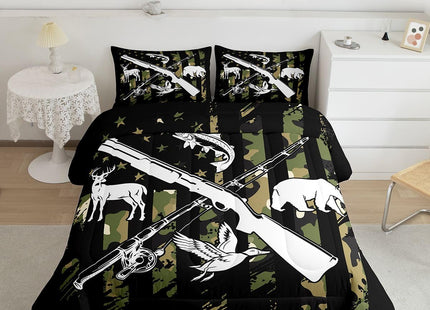 Erosebridal Hunting Duck Bear Deer Comforter Set Fishing Bass Fish Bedding Set Queen for Boys Men Green Camo American Flag Down Comforter Camouflage Hunt Flag Quilt Duvet Insert with 2 Pillow Cases