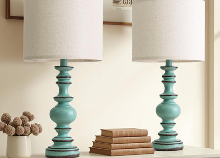 BOBOMOMO 24" Farmhouse Table Lamps Set of 2 – Distressed Teal Lamps with Linen Shades, Cottage Style Bedside Lamps for Bedroom, Living Room, or Entryway, Medium Height Lamps with Coastal Vintage Charm