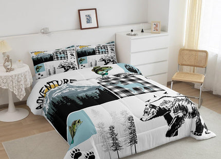 Cabin Bear Deer Bedding Sets Queen,Hunting Fishing Bass Fish Comforter Set Rustic Farmhouse Buffalo Check Plaid Quilt Comforter For Teen Boys Adults Men,Wild Animal Duvet 2 Pillow Cases Grey Blue