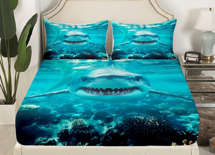 3D Shark Bed Sheets For Kids Boys Teens Marine Life Ocean Shark Sheet Set Sea Underwater Fitted Sheet Aquatic Animal Bedding Set, Nautical Flat Sheet Room Decor 4Pcs Sheets Full Size, Blue White