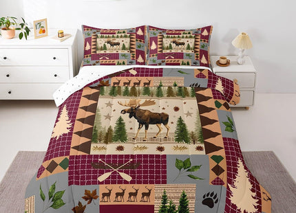 Rustic Patchwork Comforter Set King,Moose Deer Hunting Quilt for Kids Teens Adults Bedroom Decor,Country Wooden Canoe Maple Leaf Duvet Insert Southwestern Check Plaid Bedding,Camping Room Decor
