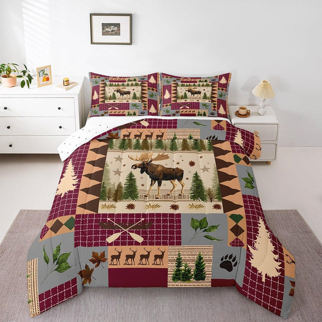 Rustic Patchwork Comforter Set King,Moose Deer Hunting Quilt for Kids Teens Adults Bedroom Decor,Country Wooden Canoe Maple Leaf Duvet Insert Southwestern Check Plaid Bedding,Camping Room Decor