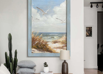 Framed Coastal Sea Bird Painting: Blue Wooden Ocean Scene Artwork Seagull Beach Picture Print Modern Bedroom Bathroom Living Room Wall Decoration Home Office Decor 36 x 24 Inch