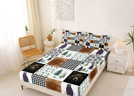 Kids Rustic Black Bear Bed Sheets Twin Woodland Animal Fitted Sheet For Boys Teen Men,Patchwork Black White Grey Buffalo Plaid Sheet Set Farmhouse Wooden Pine Tree Bear Paw Flat Sheet 3 Pcs
