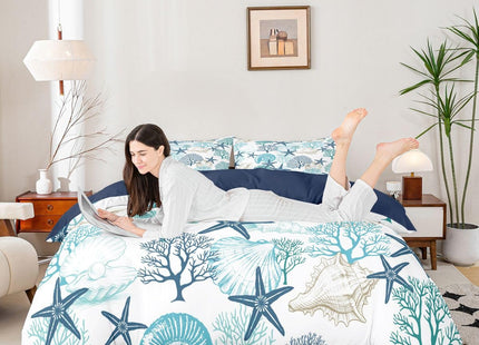 Homewish Coastal Style Bedding Sets Full Size,Shell Coral Starfish Duvet Cover Set 3Pcs for Kids Girls Boys Teens Room Decor,Ocean Beach Comforter Cover Sea Blue Nautical Quilt Cover,2 Pillowcases
