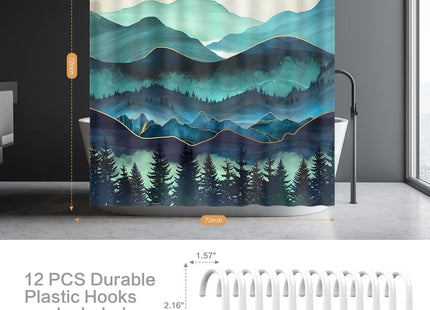 Lokigo Teal Misty Mountains Shower Curtain Woodland Pine Tree, 72"x72"