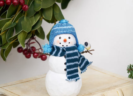 GALLERIE II Blue Plaid Scarf Snowman Chickadee Small Christmas Figurine