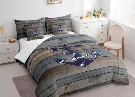 Erosebridal Rustic Wooden Plank Comforter Set,Summer Anchor Bed in A Queen