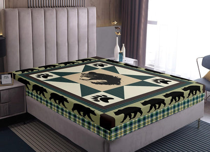 Erosebridal Black Bear Sheet Set Western Bed Sheets Queen Patchwork Geometric Triangle Lattice Fitted Sheet Woodland Wildlife Bear Paw Print Top Sheet,Green Checkered Buffalo Plaid Decor