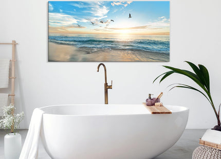 Goldfoilart Ocean Beach Sunset Canvas Wall Art for Bedroom Seagull Seascape Paintings Coastal Picture Framed Artwork for Bathroom Living Room Office Decor 20" x 40"