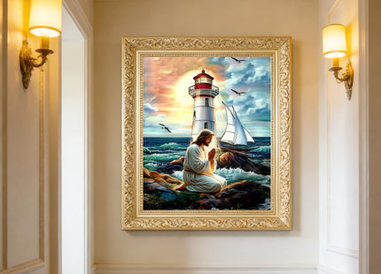 DIYDECORFUN Jesus Seashore Prayer Diamond Art Kits for Adults,5D Lighthouse Diamond Painting Kits for Beginners,DIY Round Full Drill Diamond Dots Paintings Picture Gem Art&Crafts Home Decor 12x14inch