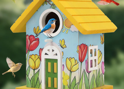 Wooden Bird Houses Bird House for Outside Yellow Wood Bird House for Outdoors,Handmade Painted Tulips Bird Houses for Garden Blue Bird Hummingbird Wren Cardinal Swallow Sparrow Finch Chickadee