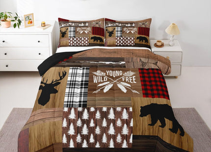 Retro Cabin Comforter Set Rustic Adventure Bear Deer Bedding Set Hunting Wildlife Wild Animal Duvet Insert Plaid Lodge Farmhouse Down Comforter Western Country Comforter + 2 Pillow Cases, Queen Size