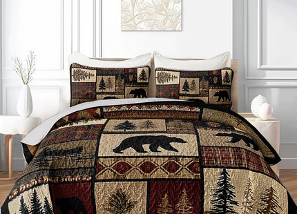 XYNHML Rustic Black Bear Quilt Bedding Queen 3Pcs Natural Forest Wild Hunt Animal Bear Canoe Bed Set Retro Tree Grid Pattern Bedspread Coverlet with 2 Pillowcases for Kid Boy Girl Teen Adult Bed Decor