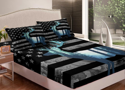 Erosebridal Deer Hunting Sheet Set Twin American Flag Sheets for Boys Teens Youth, Antlers Animal Printed Bed Sheets Set Western Wildlife Theme Top Sheet Fitted Sheet with 1 Pillowcase, 3 Pcs