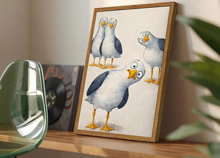 Framed Funny Seagull Bird Canvas Wall Art, Whimsical Nosy Coastal Birds Pictures Wall Decor, Cute Beach Animal Poster Prints Eclectic Home Decor for Living Room Bedroom Bathroom 12x16 inch