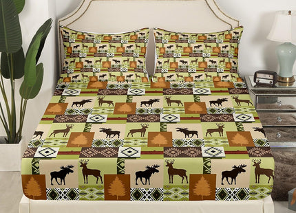 Erosebridal Rustic Boho Aztec Bed Sheets Full Woodland Moose Deer Sheet Set Southwestern Cabin Lodge Patchwork Bedding Set for Kids Adults Western Fitted Sheet Brown Green Flat Sheet 2 Pillow Cases