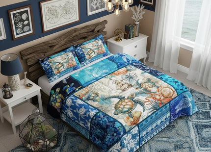 Castle Fairy 3D Sea Turtle Comforter Set Compass Sailboat Bedding Set for Kids Girls Women Adults Nautical Theme Comforter Sea Animals Quilted Duvet Set Bedroom Collection Twin Size 2Pcs